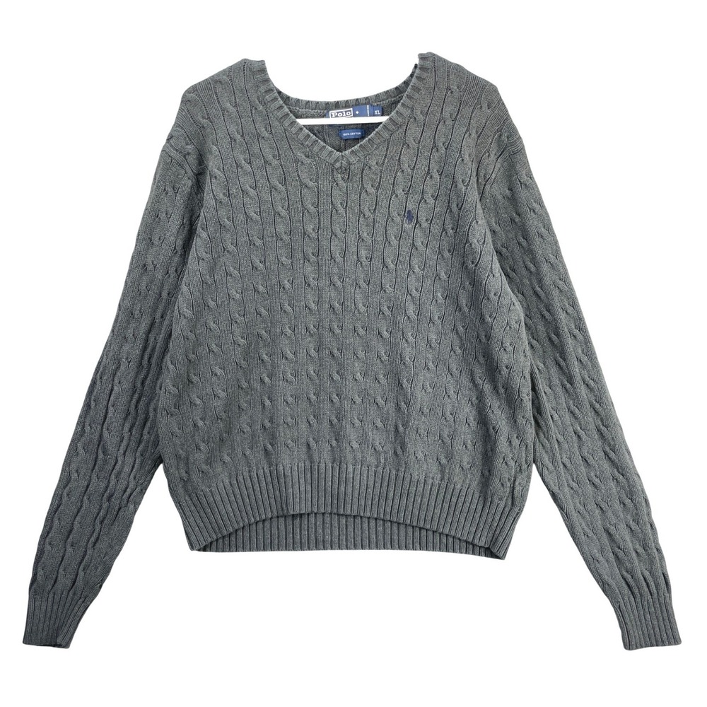 Polo Ralph Lauren Sweater Cable Knit Mens XL Grey V-Neck Cotton Pullover Classic